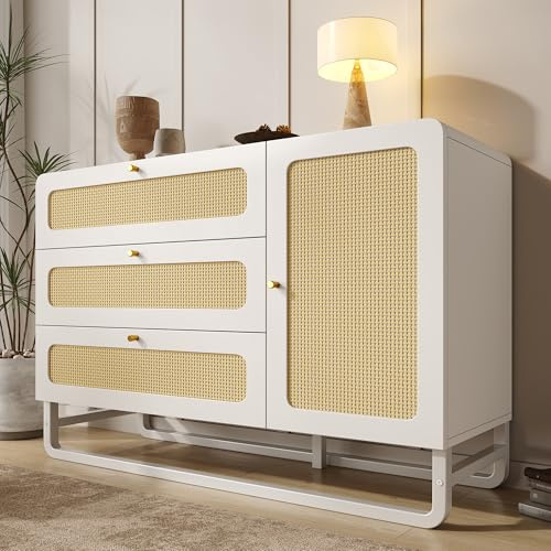 Anwick Kommode Rattan Landhausstil mit 3 Schubladen & Tür, Sideboard mit höhenverstellbaren Regalen, Schrank mit Rattan, 120 x 85 x 40 cm