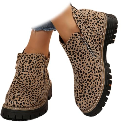 MAOAEAD Bottines Chelsea orthopédiques à talon épais en daim pour femme Imprimé léopard Bottines confortables à bout rond avec fermeture éclair latérale, imprimé léopard, 37 EU