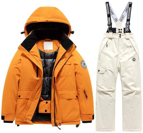 Completo Invernale Sci Snowboard Termico Impermeabile Giacca Pantaloni Bambini Ragazzi Caldo Montagna attività (Beige #5, 12-13Years)