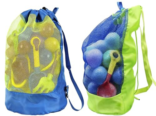 2 Stück Strandspielzeug Tasche, Groß Netz Strandtasche für Sandspielzeug | Wasserspielzeug, Netztasche Strand Aufbewahrungstasche, Faltbare Aufräumsack Beach Bag(Beidseitige Schulter)
