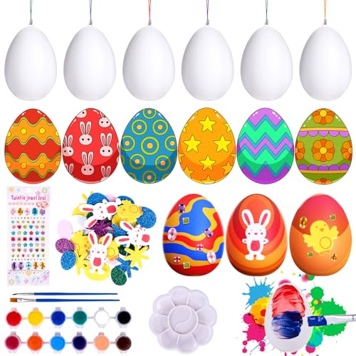 COSBERY DIY Easter Egg Decorating Kit, Craft Eggs to Decorate, Easter Tree Decorations with 25PCS White Plactic Eggs Colorful Lanyards Color Pen Sticker, Egg Painting Kit for Hanging, Gifts for Kids