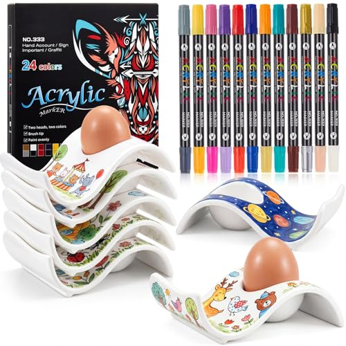 Sinmoe 6er Eierbecher Keramik Ostern Eierbecher zum Bemalen Porzellan Weiss mit 12 Stück 24 Farben Porzellanstifte Ostergeschenke DIY Keramik Bemalen Set für Ostern Frühling
