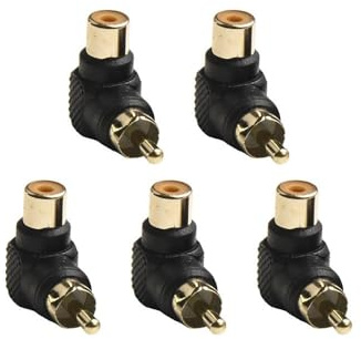 Helilyco Confezione da 5 connettori adattatori RCA maschio a femmina ad angolo retto a 90 gradi, placcati oro, per HDTV/DVD/console di gioco/DVR/subwoofer, nero