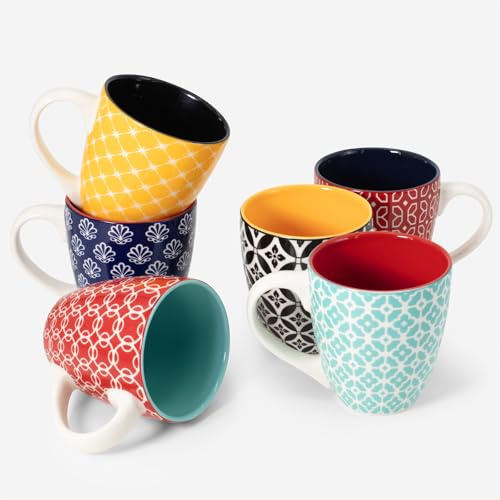 Dowan Kaffekoppar, set med 6 st., 350 ml kaffekoppar i porslin, Färgglada | Porslin kaffekopp för latte & cappuccino, modern stengods koppar med handtag, okrossbar förpackning, diskmaskiner