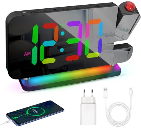 BYZESTY Wecker mit Projektion, Projektionswecker mit RGB-LED Spiegeluhr, Uhr mit Projektion 10 Farben Nachtlicht & 180° drehbarer Projektor, Digitaler Wecker mit USB-C, für Schlafzimmer Kinder Büro