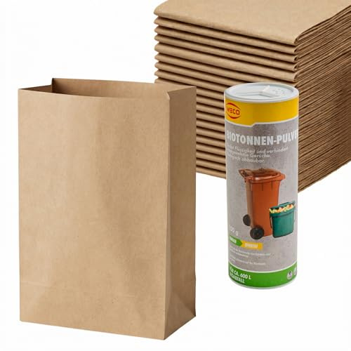 BERGDUFT Biomüllbeutel Kompostbeutel Set 50x 10L Papiertüten + 500g Biotonnen Pulver, gegen Maden und Geruch