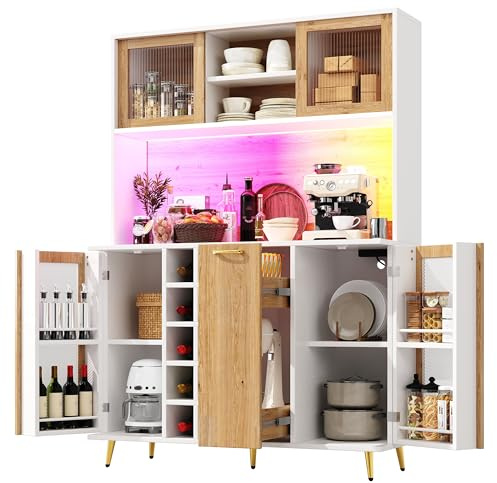DRIXNO Küchenschrank, Buffetschrank mit LED-Beleuchtung, Sideboard mit Weinregal, Esszimmerschrank mit Snackregal, 5 Türen, Integrierte Steckdose, für Küche, Wohnzimmer, Esszimmer, 120x40x170 cm