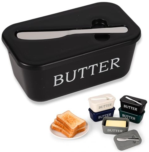 YESAH Butter Dish with Lid and Knife,Black Butter Keeper | BPA Free Food Grade Plastic Container with Tray and Easy Scoop Knife for Home Countertop and Refrigerator
