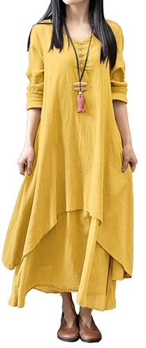 R.Vivimos Women Long Sleeve Cotton Casual Loose Plus Size Irregular Long Dresses (Medium, Yellow)