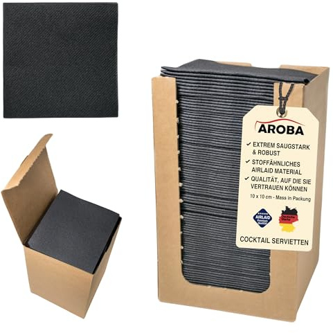 100 Aroba Airlaid Cocktail Servietten Stoffähnlich Dessert Serviette 20x20 cm 1/4 Falz Hochwertig|21 Farben|Hochzeit Geburtstag Bar Caffee Disco Hotel Catering Party Schwarz