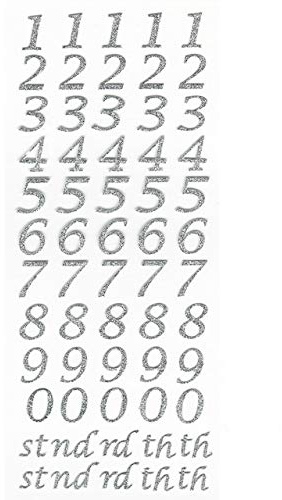 15mm Silver Glitter Script Number Stickers - Self Adhesive Birthday Card Embellishments