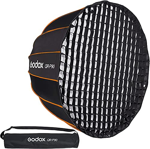 GODOX QR-P90 Portable Deep Quick Release Parabolic Softbox avec Grille en nid d'abeille pour Bowens Flash Holder, Studio Flash Diffuseur 90cm