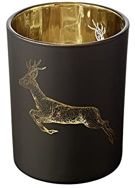 EDZARD Tealight candle holder Sammy, height 13 cm, Diameter 10 cm, Running Deer Motif, matte black outside, gold inside