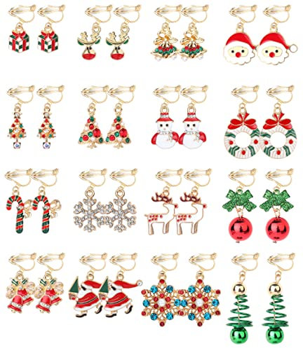 YADOCA 16 Paar Weihnachten Ohrringe Clips für Frauen Kinder Ohrclips Baum Geschenk Weihnachtsbaum Weihnachtsmann Schneemann Elch Schneeflocke Kein Piercing Klipp Ohrringe Set