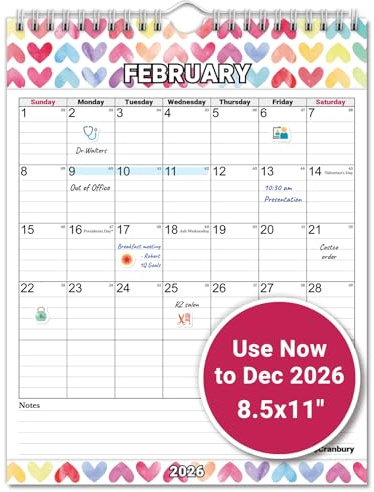 CRANBURY Small Wall Calendar 2026, 8.5x11 Vertical Calendar (Seasonal), Hanging or Desk, Starts Now and Runs Through Dec 2026, Monthly Planner for Home, School & Office, Includes Stickers