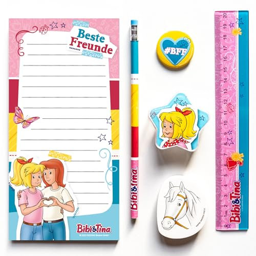 Papierdrachen 6-teiliges Schreibset für Grundschul Kinder | Bibi und Tina | mit Bleistift Spitzer Lineal Radierer Schreibblock | zur Einschulung | Mitgebsel für Kindergeburtstag | Set 8