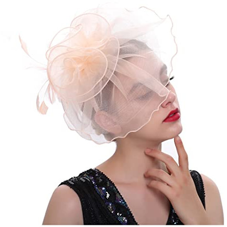 QUNINE Fascinators für Damen, Hochzeit, Kirche, Netzstoff, Hut, Zubehör, Cocktailparty, Hut, Federhut, Kopfbedeckung (Beige, Einheitsgröße)