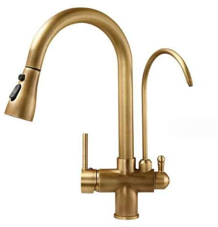 3 Wege Wasserhahn Küche Ausziehbar, Küchenarmatur Messing Antik Mischbatterie Küche 3 Wege Küchenarmatur 360° Drehbar 3 Modi Trinkwasserhahn Armatur Küche-Antik