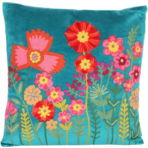 Casa Moro Boho Chic Dekokissen Livia HELLBLAU 40x40 mit Füllung & Blumen-Schau Bestickt Zierkissen bunt quadratisch Couch-Kissen Sofa-Kissen KI10004