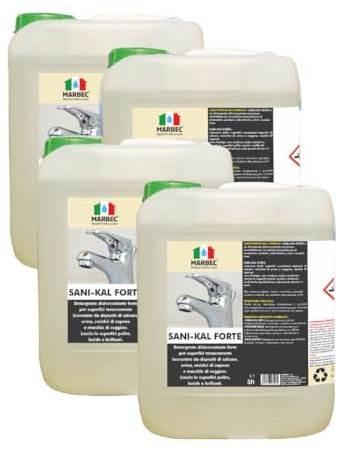 MARBEC SANI-KAL FORTE 5LTX4PCS Détergent détartrant pour céramiques, sanitaires, robinetteries et vitres de la cabine de douche.