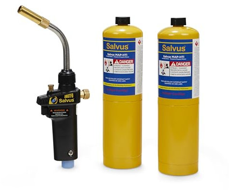 Blowtorch Kit Salvus Turbo Torch Blow Torch 360 Degree Swivel Gun Neck Plus 2 x Mapp Gas Yellow Bottle for Plumbing Brazing Soldering Plumbers Map