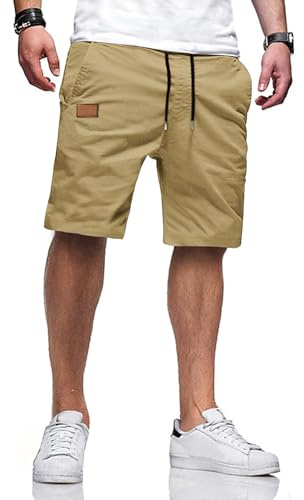 TARAINYA Pantalón Corto Hombre de Algodón Suave con Cordon Ajustable y Bolsillos Caqui Claro M