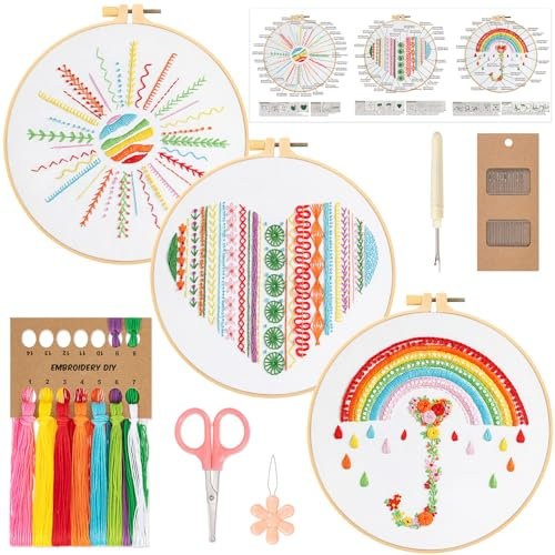 JSRQT 3 Stück Stickset für Anfänger, Stich Praxis Stickerei Kit für Erwachsene Kinder, Regenbogen Kreuzstich Starterset mit Anleitung, Embroidery Stitch Practice Kit für DIY Kunst Dekoration