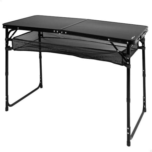 AKTIVE Mesa Plegable, Negro, 120 x 60 x 60/70 cm, Altura Ajustable, Topes Antideslizantes, Soporta 30 kg, Asa Mano Transporte, Incluye Red Auxiliar Desmontable, Playa, Jardín (63089)