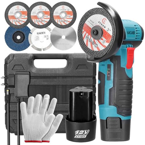 Hancaner Mini Akku Winkelschleifer mit Kunststoffbox 12 V 2×2.0Ah Akku Flex 19500rpm Winkelschleifer mit 6-76mm Trennscheiben- Trennen und Polieren von Fliesen