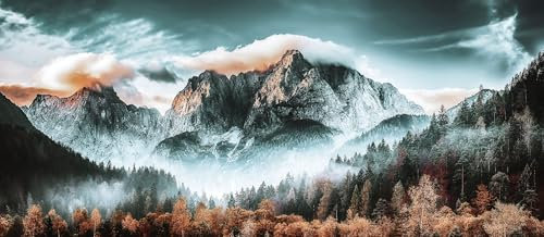 UNIK Nordic Vliestapete, BxH 350x280 cm, Berge Ausblick, Tapete Landschaft, Fototapete Wohnzimmer und Schlafzimmer, XXL Premium Wohntapete, Wandtapete, Wald Naturtapete Made in Germany