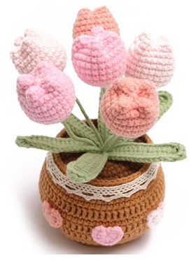 caiyjhao Crocheted Tulip Bouquets, Artificial Tulip Hand-Woven Flowers Suitable for Home, Office Decorations and Birthday Gifts for Family and Friends Anniversary (6 Flowers-Pink)
