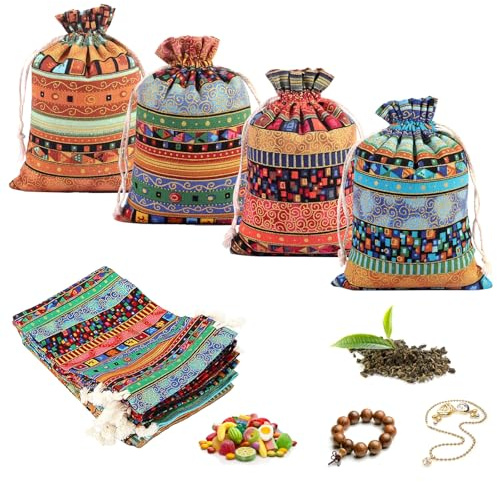 Presentpåsar med dragsko etnisk stil 24 st bohemiska dragsko fickor egyptisk etnisk stil linne jutepåse livliga flerfärgade påsar för jul, födelsedagar, årsdagar, firanden.