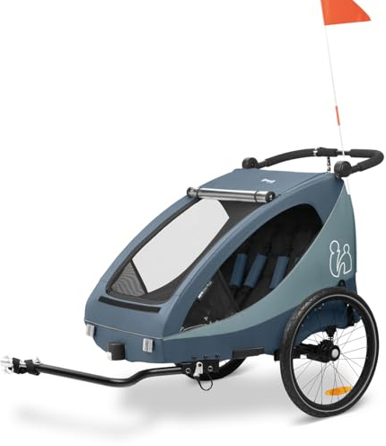 hauck Cykelkärra och barnvagn Dryk Duo Plus - Cykelkärra för barn med upphängning, 2-sits (6–48 månader), barnvagnsvagn med roder, hjul, flagga och ljus - hopfällbar, XL - blå