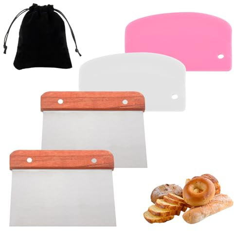 BORISCA 2 Pezzi Raschietto per Pasta Acciaio + 2 Raschietto di Plastica + Borsa, 15cm Acciaio Inossidabile Spatole per Impasto con Manico in Legno, Raschietto Cucina per Pizza Impasti Pane Farina(B)