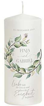 Scheinvoll® Hochzeitskerze Eukalyptus mit Namen, Datum und Spruch - Modell Ewigkeit - Personalisiertes Geschenk zur Hochzeit (20 x 8 cm)