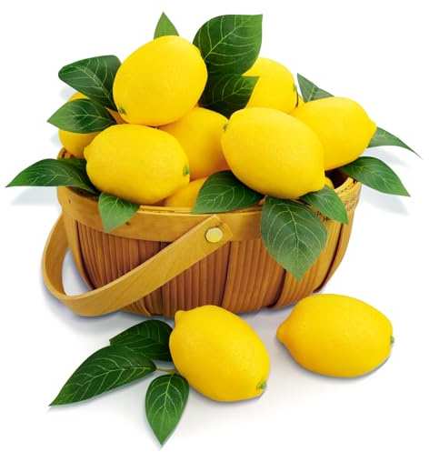 24 Limones Artificiales con 24 Hojas, Frutas Decorativas de Imitación de Limones, Limones Falsos de Plástico Realistas para Decoración Cocina, Centros Mesa, Fiestas de Verano (24 Limones Amarillos)