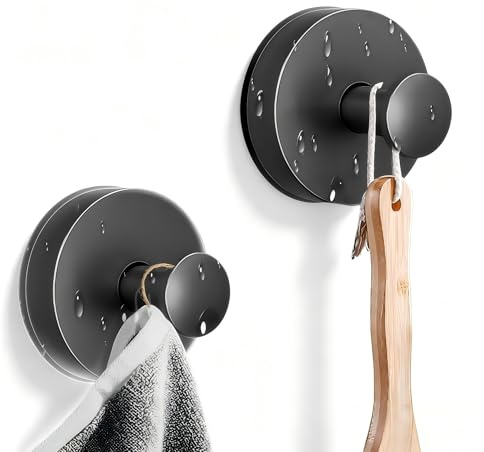 vidonio Shower Suction Cup Hooks, 2 Pack Black Stainless Steel No-Drill Towel Hooks, Heavy Duty Waterproof Suction Hooks for Bathroom, Glass Door, Tile - Holds up to 15 lbs
