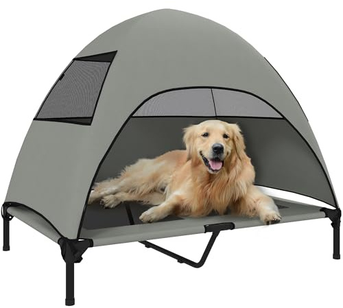 PawHut Hundeliege Outdoor mit Dach Erhöht Stahlrahmen 106x76x99cm Hellgrau | für Große Hunde, Kühlendes Haustierliege, Waschbares Mesh, Tragtasche, Haustierbett für Draußen Camping