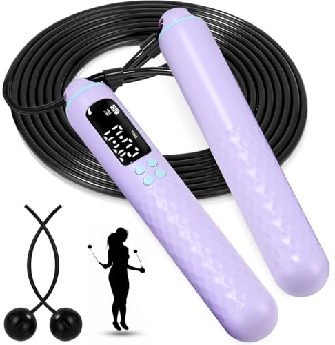 Cuerda para Saltar con Temporizador y Contador de Calorías, Cuerda para Saltar Inalámbrica, Longitud Ajustable de Entrenamiento Fitness en Casa,Oficina o Gimnasio Morado