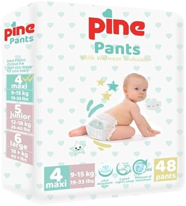 Pine Babyblöjbyxor med vätningsindikator, engångsbyxblöjor för spädbarn, hudvänliga och superabsorberande (storlek 4, stycken, 48)