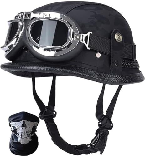 STTTBD Casco a Mezza Calotta, Certificato DOT/ECE, Casco Jet, retrò, Casco da Moto d'Epoca, Casco da Scooter, Casco Aperto, con Occhiali, Casco a Mezza Calotta per Uomo e Donna K,XXL=63-64cm