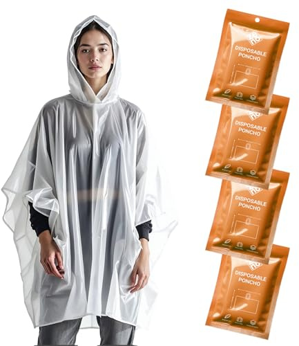 ZENO Poncho Pluie Imperméable Jetable - Cape de Pluie Femme Homme - Poncho Transparent avec Capuche - Imperméable pour Festival Vélo Randonée - Pack de 4 - Édition Orange Glow