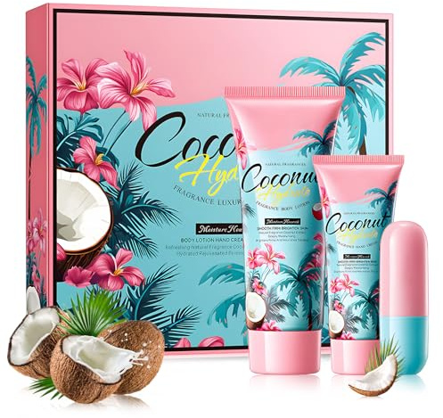 Set Corpo Donna, Coconut Oil Skin Care Kit, Confezione Regalo Donna, Cofanetto Regalo donna Beauty con Crema Corpo Cocco, Crema Mani, Burrocacao Labbra, Profondamente Nutriente, Cura Efficace 3 in 1
