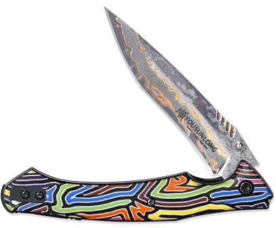 YOUSUNLONG Coltello da campeggio pieghevole - Lama in acciaio damasco CuMai - Manico in G10 multicolore