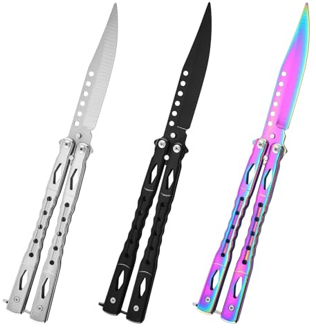 Sporgo 3 Stück Butterfly Messer: Butterfly Trainer Ungeschärfte Klinge Übungs Butterfly Kamm, Edelstahl Butterfly Knife Trainer für Trainingsmesser Anfänger übt Flipping-Tricks(Schwarz+Weiß+Farbe D)