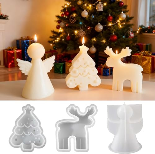 Silikonformen Gießformen Weihnachten,3 Stück Silikonform Weihnachten,Silikonform Elch,Engel,Weihnachtsbaum Kerzengießform,Gießformen Silikon Weihnachten,für DIY Silikon Kerzen Gießform Seifen