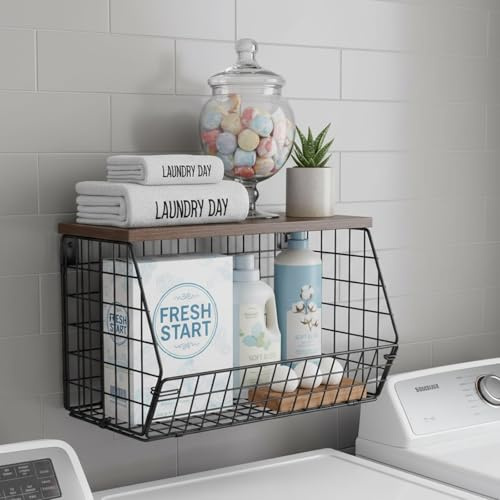 Laundry Room Shelf, Over Washing Machine Storage Unit with Hooks, Hanging Storage Baskets & Wall Organiser Metal Wood Material for Towels, Tissues, Detergent and Laundry Accessories