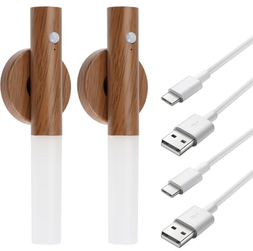 Motion Sensor Night Light, 2 Pack USB-C Rechargeable Magnetic Stick On Wall Lights, Cordless Indoor Night Lights with 3 Colour Temperatures for Hallway, Stairs, Wardrobe, Bedroom, Bathroom, Walnut