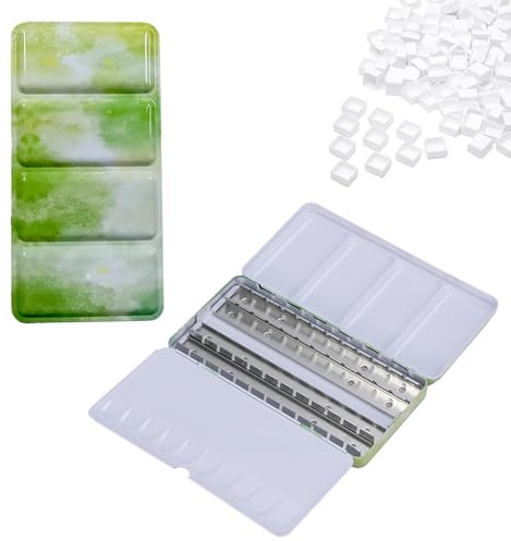 Leere Aquarellfarbenbox aus Metall, mit 52 Halbe Näpfchen, Watercolor Malkasten Reise, mit Mischpalette und Daumenring, für DIY Kunst, Aquarellfarbe, Wassermalkasten und kreative Malerei, Grün