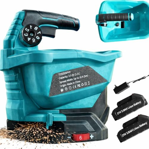 TOSOENPHY 21V Fertilizer Spreader with 2x2Ah Batteries - 3.5Qt Electric Handheld Grass Seed Spreaders for Lawns, 6 Speed & 8 Size, Adjustable 125° Spread Angle, 16ft Spread Width, 8600 Sq.ft